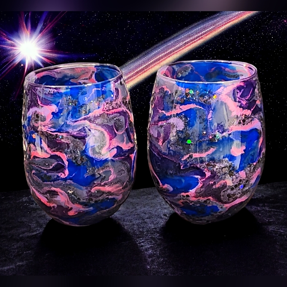 ((SOLD)) Galaxy/Stemless Wine Glass Set - Picture 1 of 3